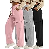 Velvelhall 3 Pack Women's Cargo Sweatpants Wide Leg Baggy Elastic Drawstring Pants Casual Athletic Joggers with 4 Pockets