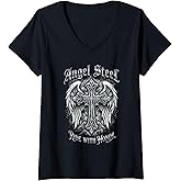 Womens Angel Steel Ride with Honor Biker Cross Wings V-Neck T-Shirt
