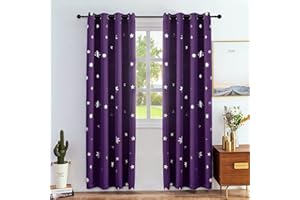 Anjee Blackout Purple Curtians for Bedroom 84 Inches Length Stars Silver Foil Print Blackout Curtain Kids Room Darkening Window Drapes Thermal Insulation Drapery 2 Panels,Purple W52xL84