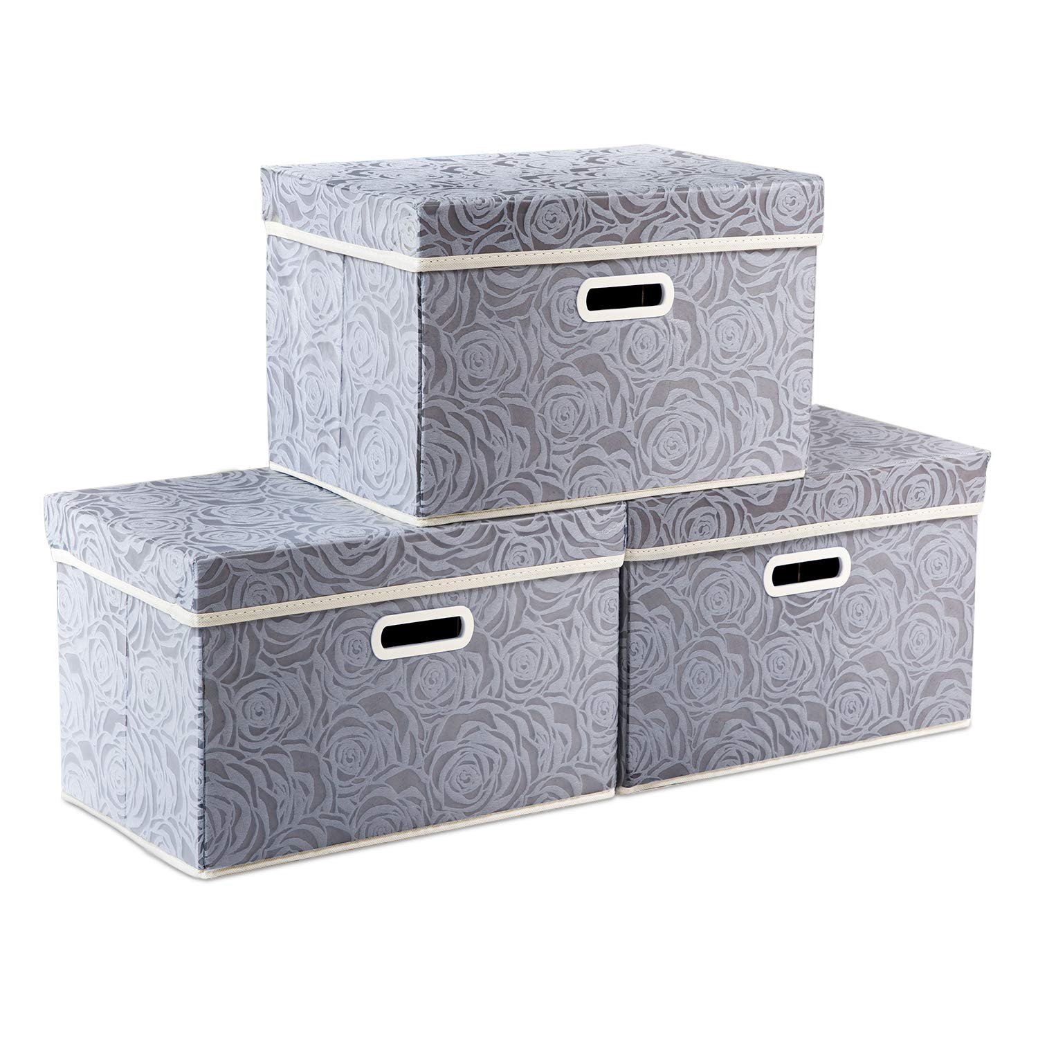 Prandom Storage Boxes with Lids.Rose Pattern Fabric Decorative Storage Box, Really Useful Box,Clothing Storage,Cubes Organizers,Collapsible,Stackable,38x25x25cm, Gray[3-Pack] — image 1
