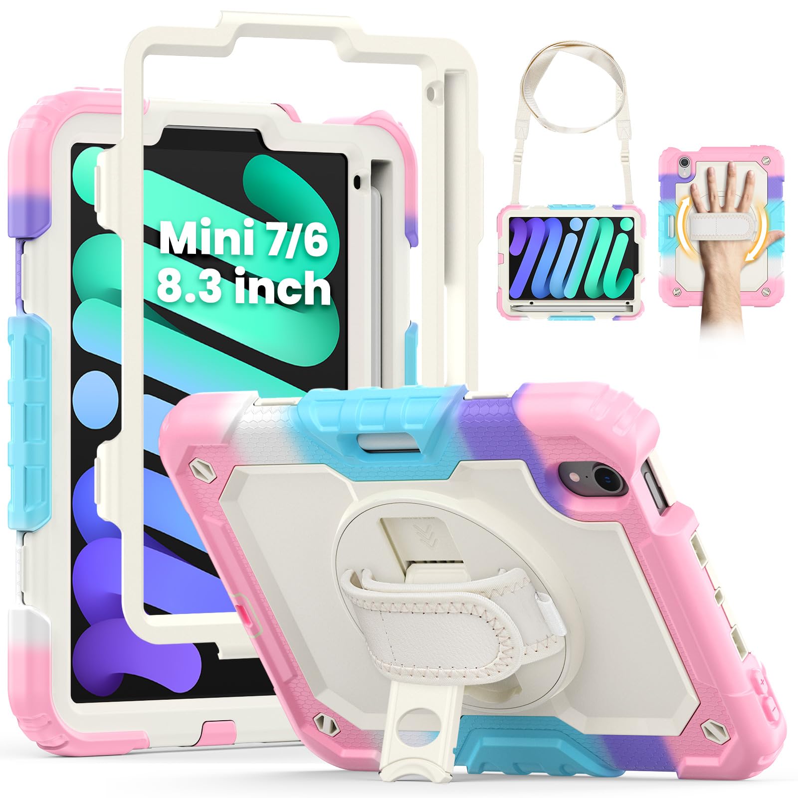 SEYMCY Kids Case for iPad mini (A17 Pro)/ iPad mini 7/6 Case 8.3 inch 2024/2021, Full-body Shockproof with Screen Protector, 360° Rotating Hand Strap & Stand, Shoulder Strap, Pencil Holder, Pink