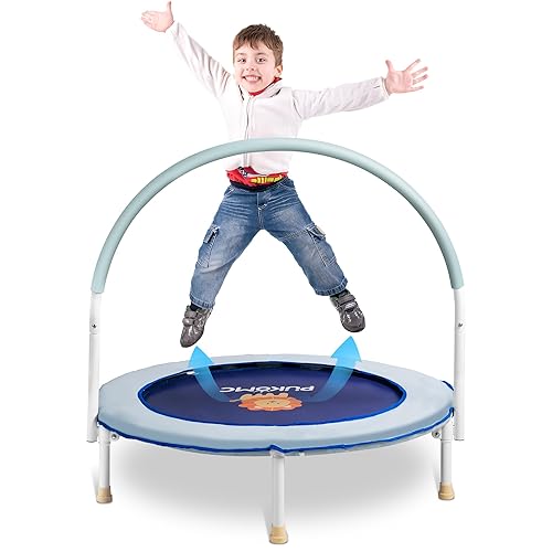 Pukomc 36in Toddler Trampoline for Kids Exercise,Rebounder with Adjustable Foam Handle and Safety Padded Cover/with Basketaball Hoop, Foldable Kids Trampolines for Indoor Outdoor Pink/Blue (Blue)