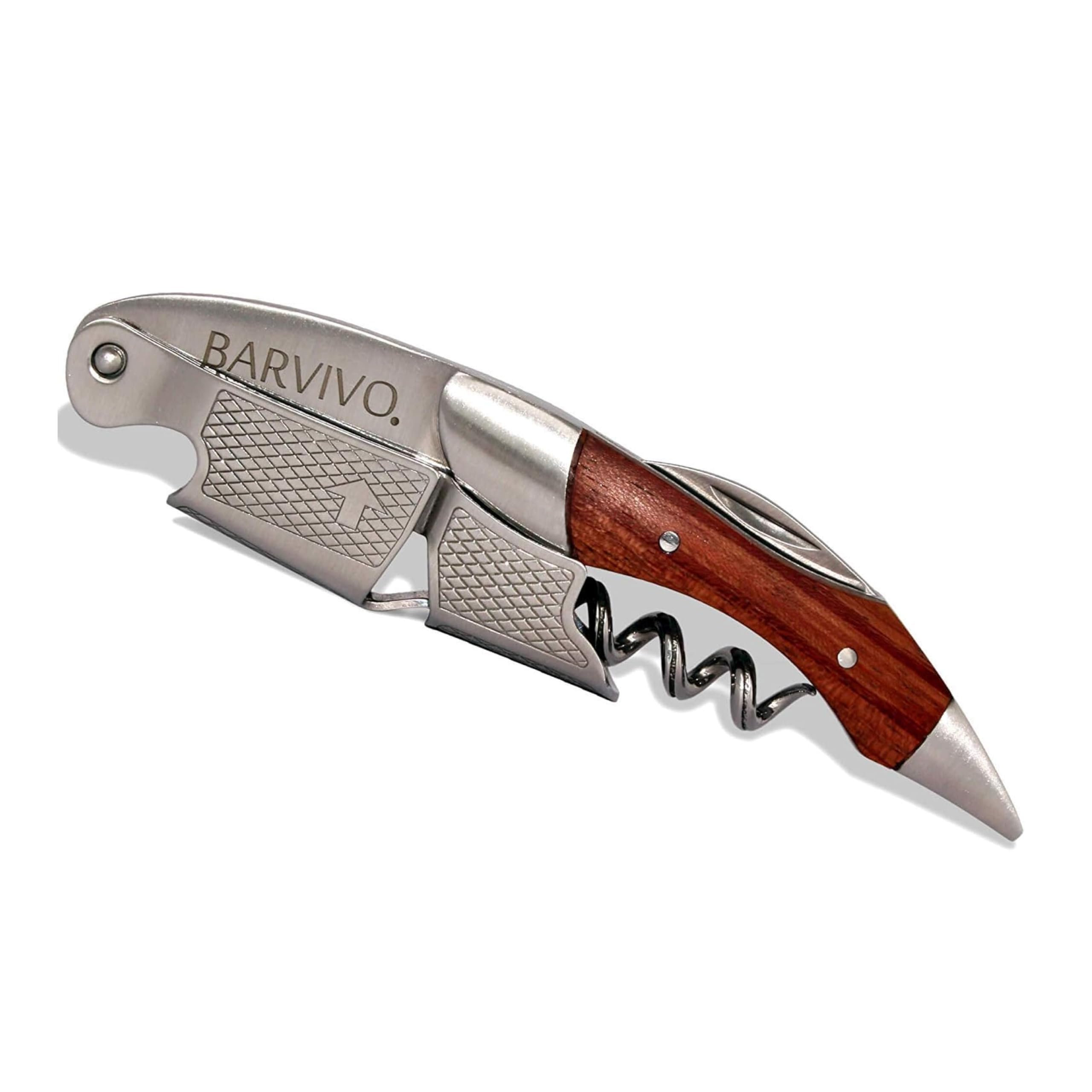 Barvivo Wine Opener with Foil Cutter and Cap Remover - Double Hinged Corkscrew for Bartenders - Stainless Steel Wine Key for Easy Bottle Opening - Manual Wine Bottle Opener - Rosewood, 12x1.5x3 cm
