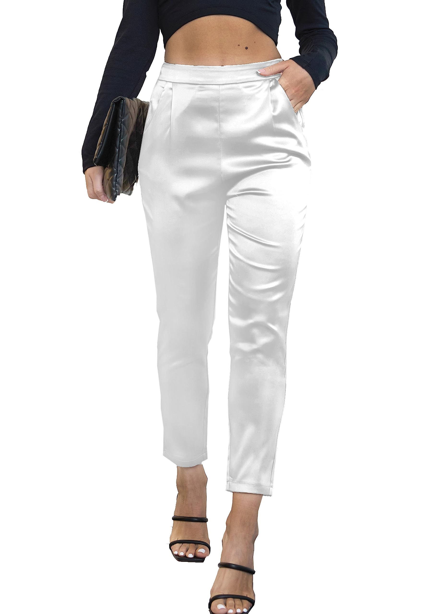 Photo 1 of heipeiwa Women's Satin Pants Dress Casual Pleated Pull on High Waist Pants with Pockets White size small 
