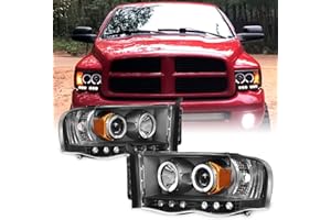 AKKON - For 2002-2005 Dodge Ram 1500 | 2003-2005 Ram 2500 3500 Black Dual Halo Projector Headlights Pair Set
