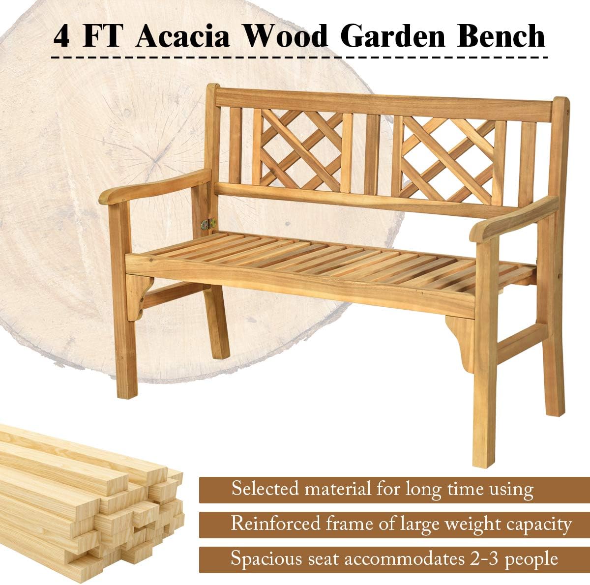 Giantex Patio Wooden Bench, 4 Ft Foldable Acacia Garden Bench, Two Person Loveseat Chair Solid with Curved Backrest and Armrest Ideal for Patio, Porch or Balcony (Teak): Kitchen & Dining