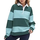 SHBECYDE Women Striped Color Block Polo Sweatshirt Lapel Collared Long Sleeve Oversized Rugby Shirt 2025 Trendy Fall Clothes