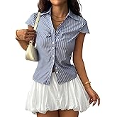 GORGLITTER Women's Striped Fitted Button Up Shirt Cropped Ruched Cap Sleeve Collar Work Office Blouse Dressy Tops