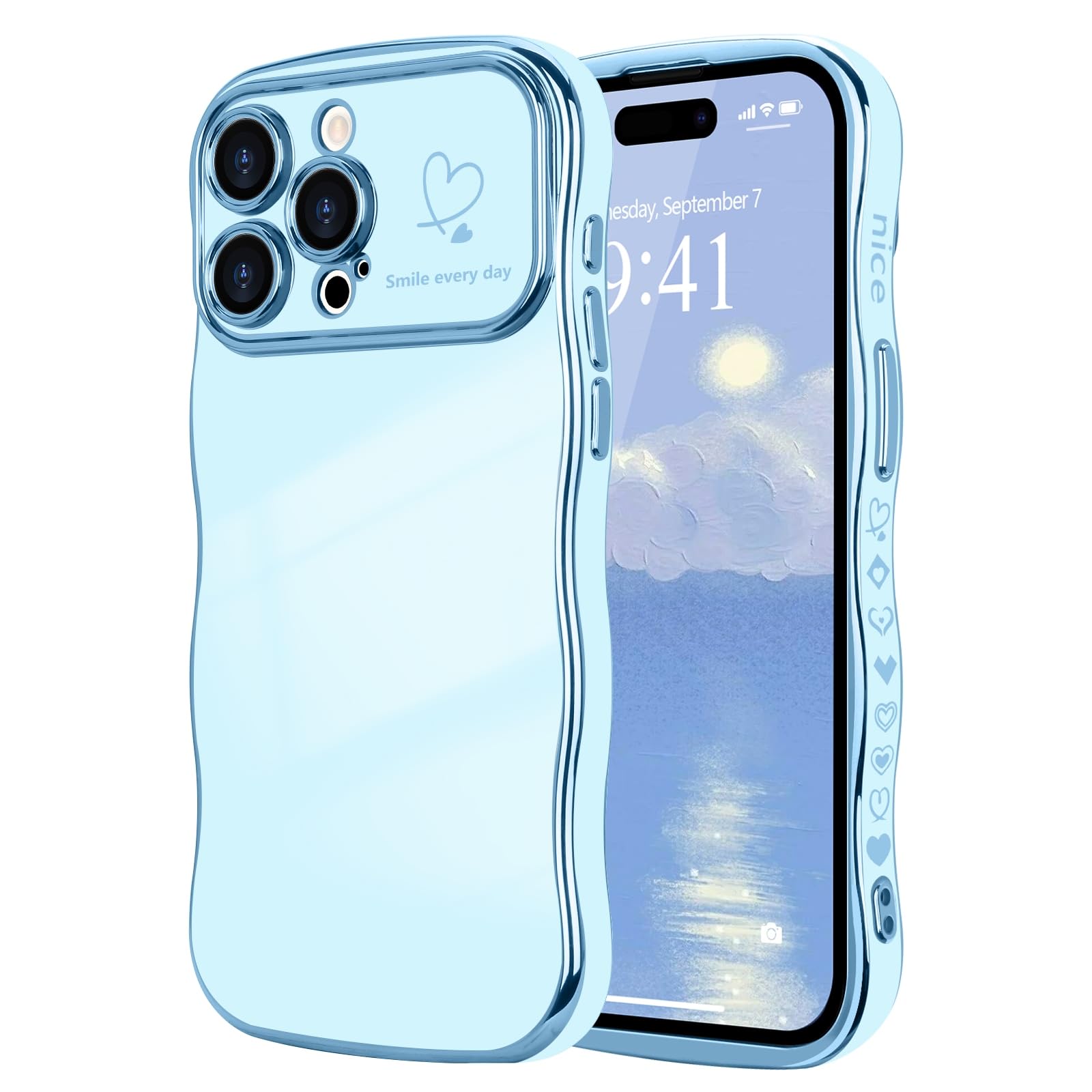 LCHULLE for iPhone 14 Pro Case for Women Girls,Cute Curly Wave Frame Shape Love Heart Pattern Phone Case,Raised Camera Protection Luxury Plating Shockproof Cover for iPhone 14 Pro 6.1",Blue — image 1