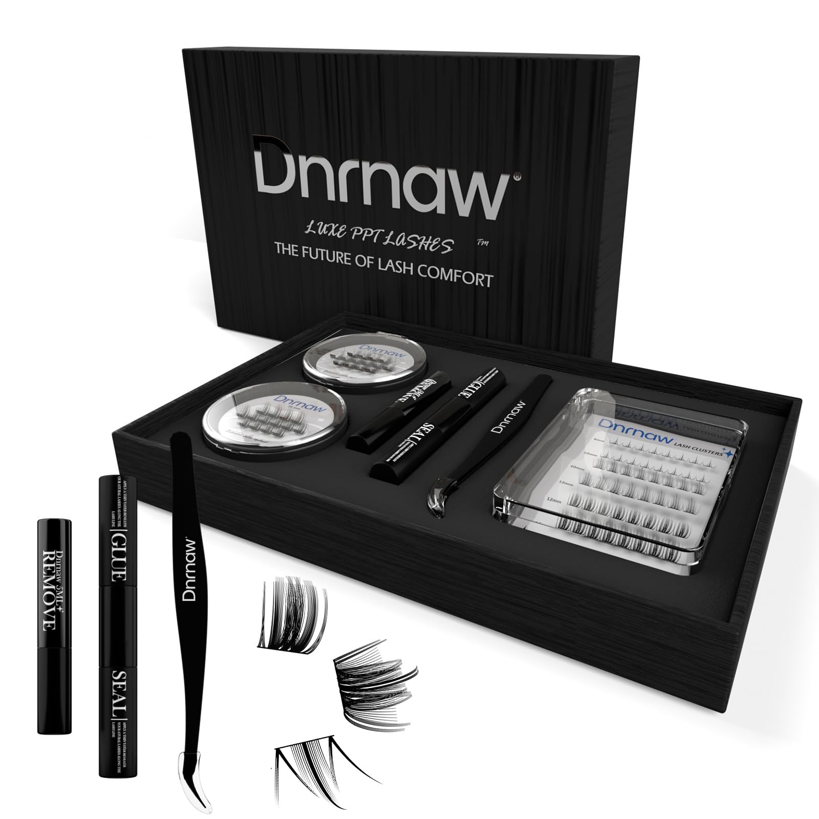 Luxury Lash Clusters Kit - Wispy & Fluffy Cluster Eyelash Extensions 8-16mm, 150H Wear | Korean Hypoallergenic PBT Fibers, Waterproof Glue & Seal | Gift Ready Premium Box (Mix-black box)