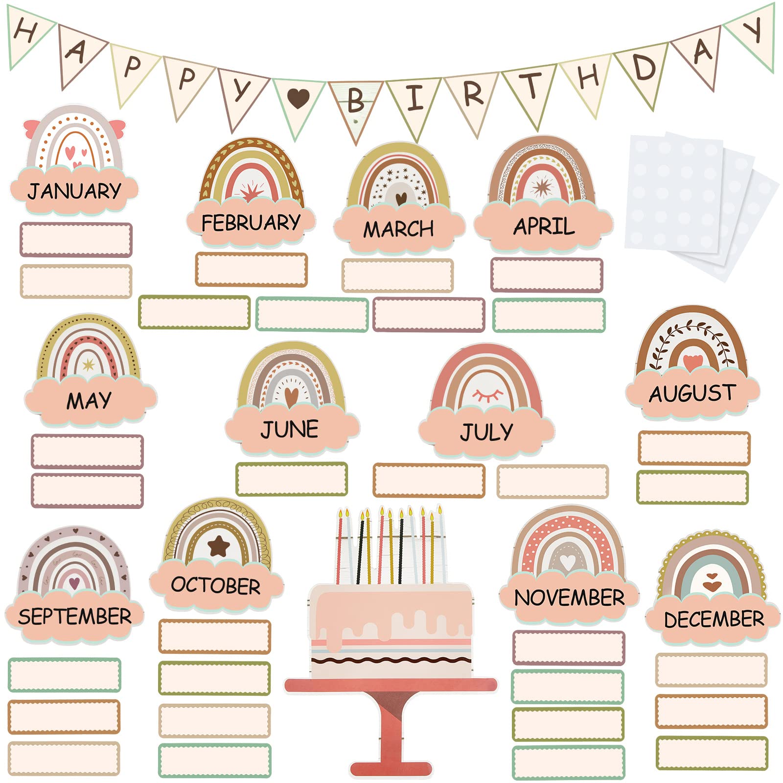 Photo 1 of 60 Pieces Boho Classroom Decor Birthday Bulletin Board Decorations Set Rainbow Bulletin Board Decor Classroom Chart Wall Decoration Cutouts for School Calendar Birthday Border (Brown Series)