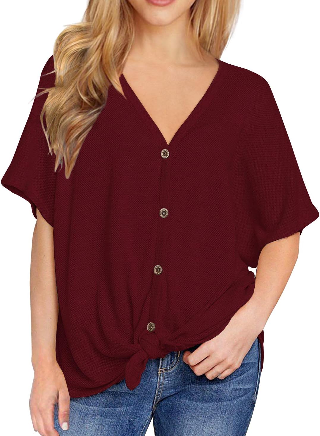 Womens Loose Henley Blouse Bat Wing Short Sleeve Button Down T Shirts Tie Front Knot Tops