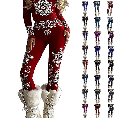 Christmas Snowflake Leggings for Women UK Plus Size Soft Warm Knitted Yoga Pants High Waisted Stretchy Retro Boho Xmas Tights Slimming Knit Bottoms Skinny Trousers, #A03-Red, L