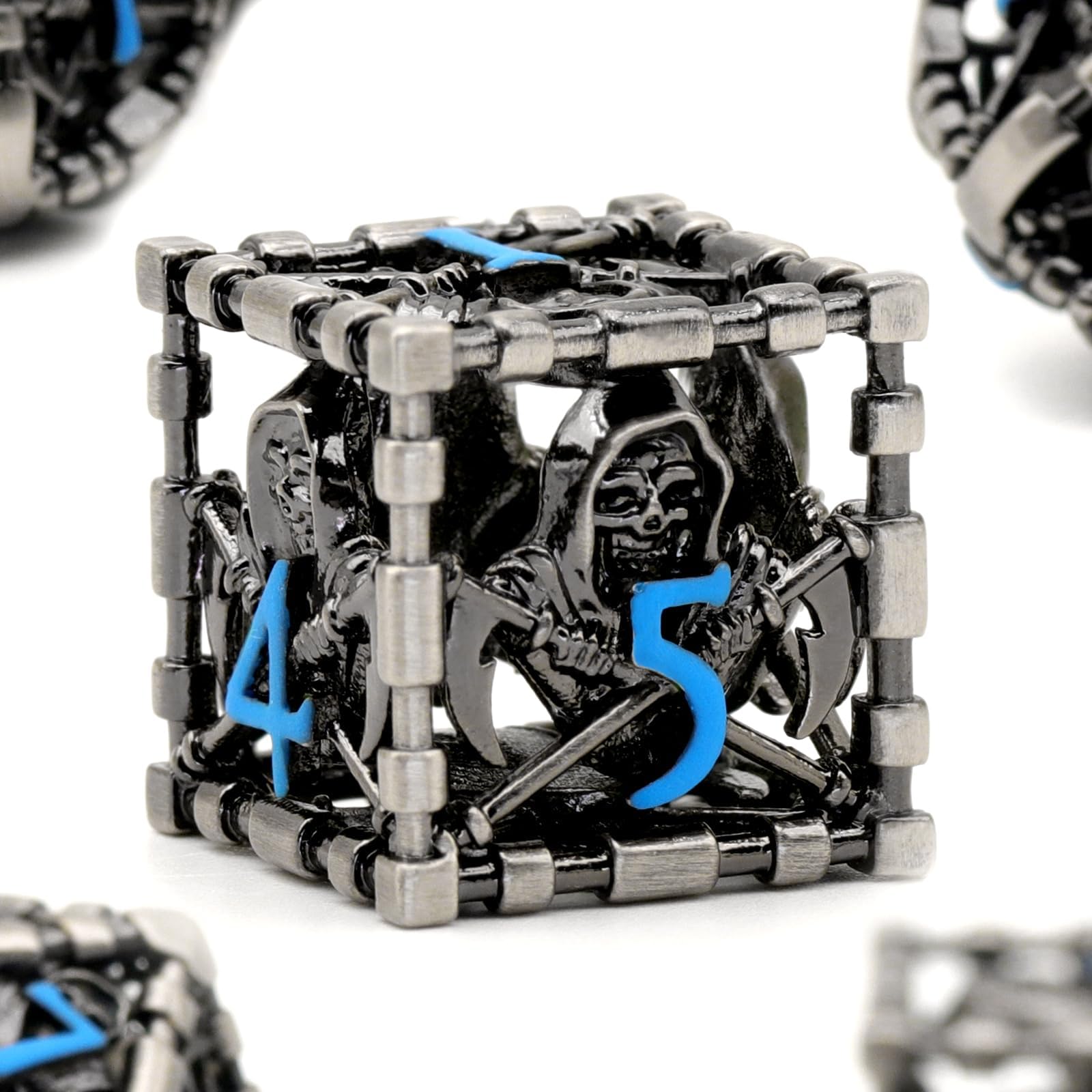 Dice Set for Dungeons and Dragons, ZHOORQI 7 Pcs/Set The Grim Reaper Metal Dice Set Polyhedral Dice for RPGs DND Gifts（S-Blue Number） — image 1