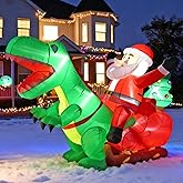 JOYHALO 8.2FT Long Christmas Inflatables with LED Santa Ride on Dinosaur Outdoor Christmas Dinosaur Inflatable Blow Up Yard Decorations with Sandbags Stakes Strings for Garden Decor