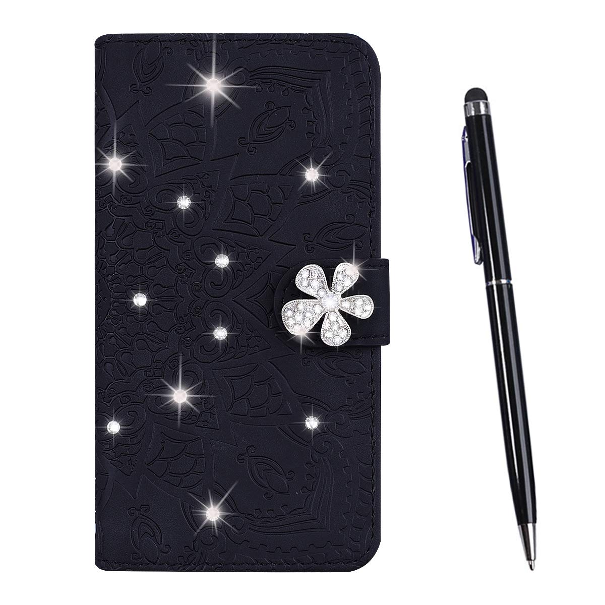TOUCASA Compatible with Samsung Galaxy J7 2016 / J710 Case, [Bling Diamond Flower] Notebook Wallet Case Cover PU Leather Flip Magnetic Kickstand Card Slots Folio Protection Case (Black)