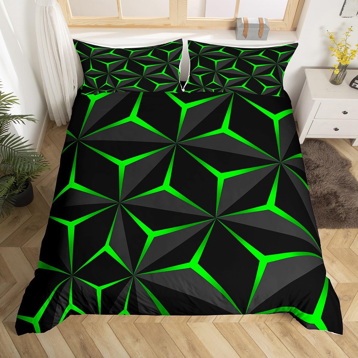 Homemissing Neon Honeycomb Duvet Cover Double Size,Geometric Stereoscopic Theme Teens Boys Bedding Set,Adults Bedroom Decoration 3D Green Print Comforter Cover Set All Season