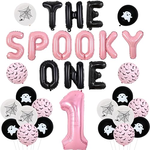 Jollyboom Halloween 1st Birthday Decorations Girls, Pink Black The Spooky One Birthday Balloon Banner Ghost Bat Spider Balloons Pink Number 1 Foil Balloon for Girl Halloween Theme First Birthday Party