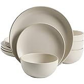 Gibson Home Rockaway 12-Piece Round Stoneware Dinnerware Set, Service for 4 &ndash; Cream Plates and Bowls, Modern Matte Finish, Microwave &amp; Dishwasher Safe