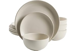 Gibson Home Rockaway Round Stoneware Dinnerware Set, Service for 4 (12pcs), Cream
