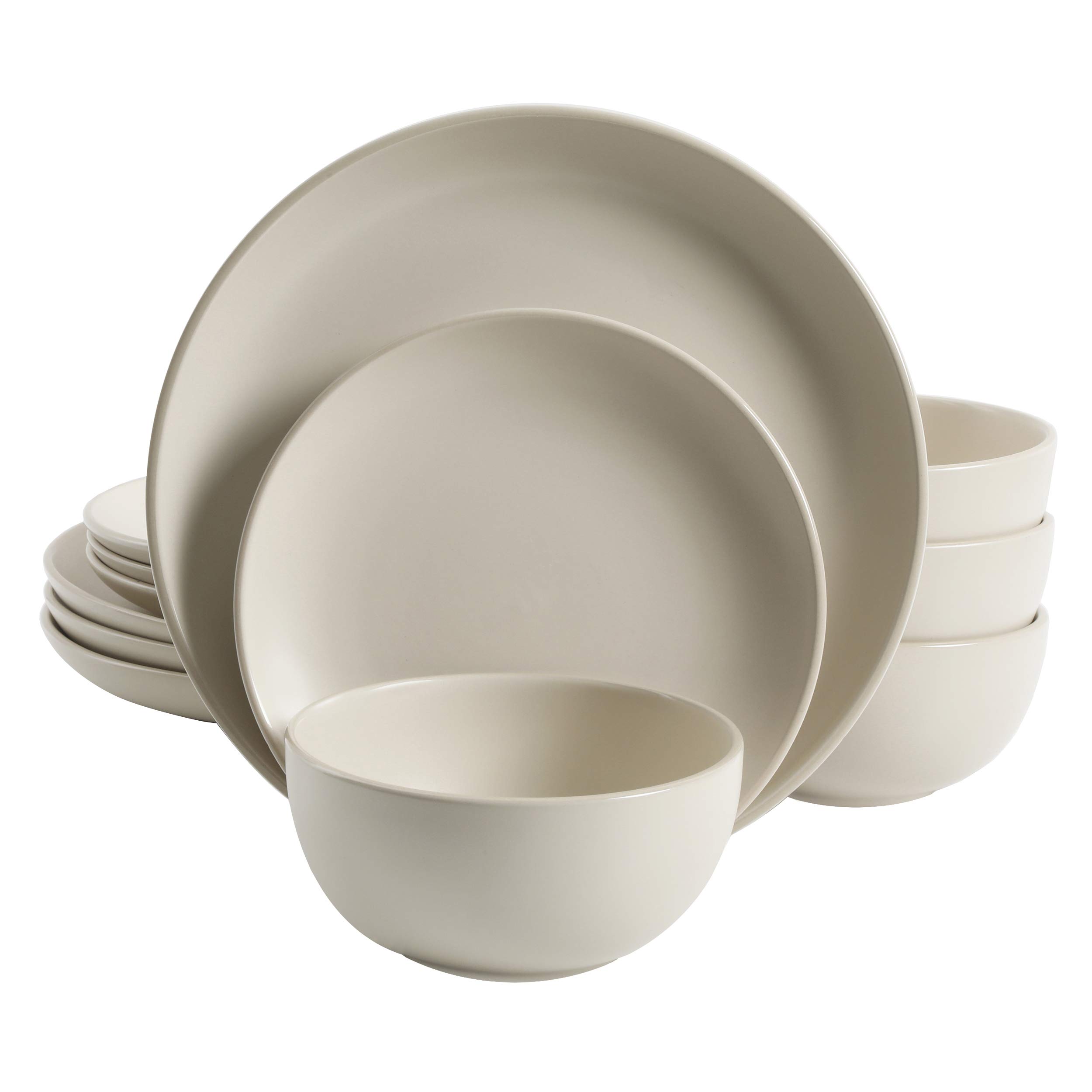 Gibson Home Rockaway 12-Piece Round Stoneware Dinnerware Set, Service for 4 – Cream Plates and Bowls, Modern Matte Finish, Microwave & Dishwasher Safe Image