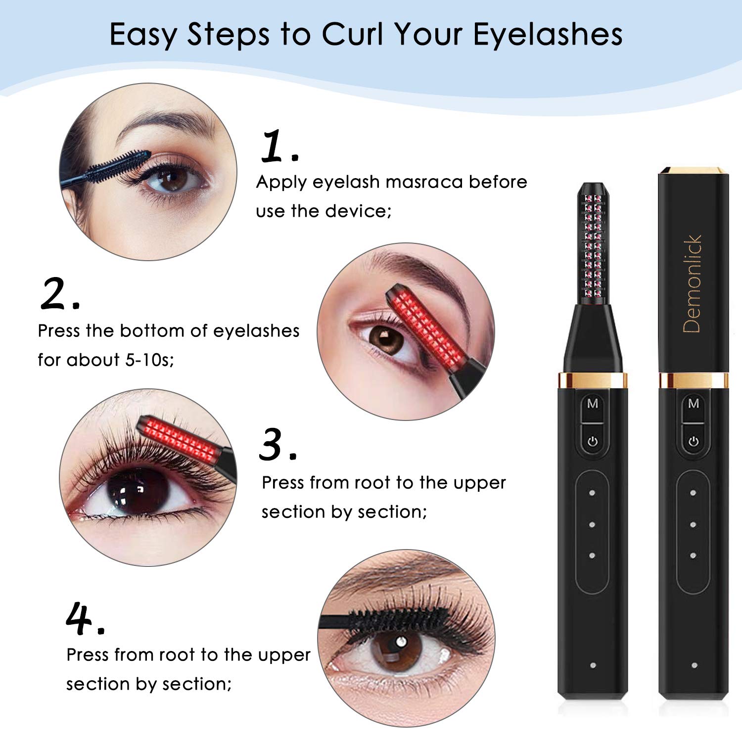 Heated Eyelash Curler, Demonlick Rechargeable Electric Eyelashes Curlers with Double-Sided Eyelash Brush, Quick Long-Lasting Mini Eye Lash Make-Up Tool for Girls Women Gift : Beauty