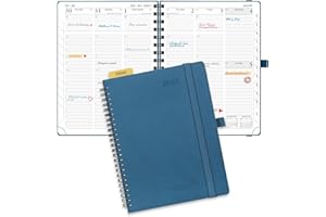POPRUN 2025 Planner 6.5" x 8.5" with Hourly Schedule & Vertical Weekly Layout - 2025 Weekly Planner for Time Management, Monthly Tabs, Pen Holder, Spiral Bound,Leather Soft Cover - Navy Blue