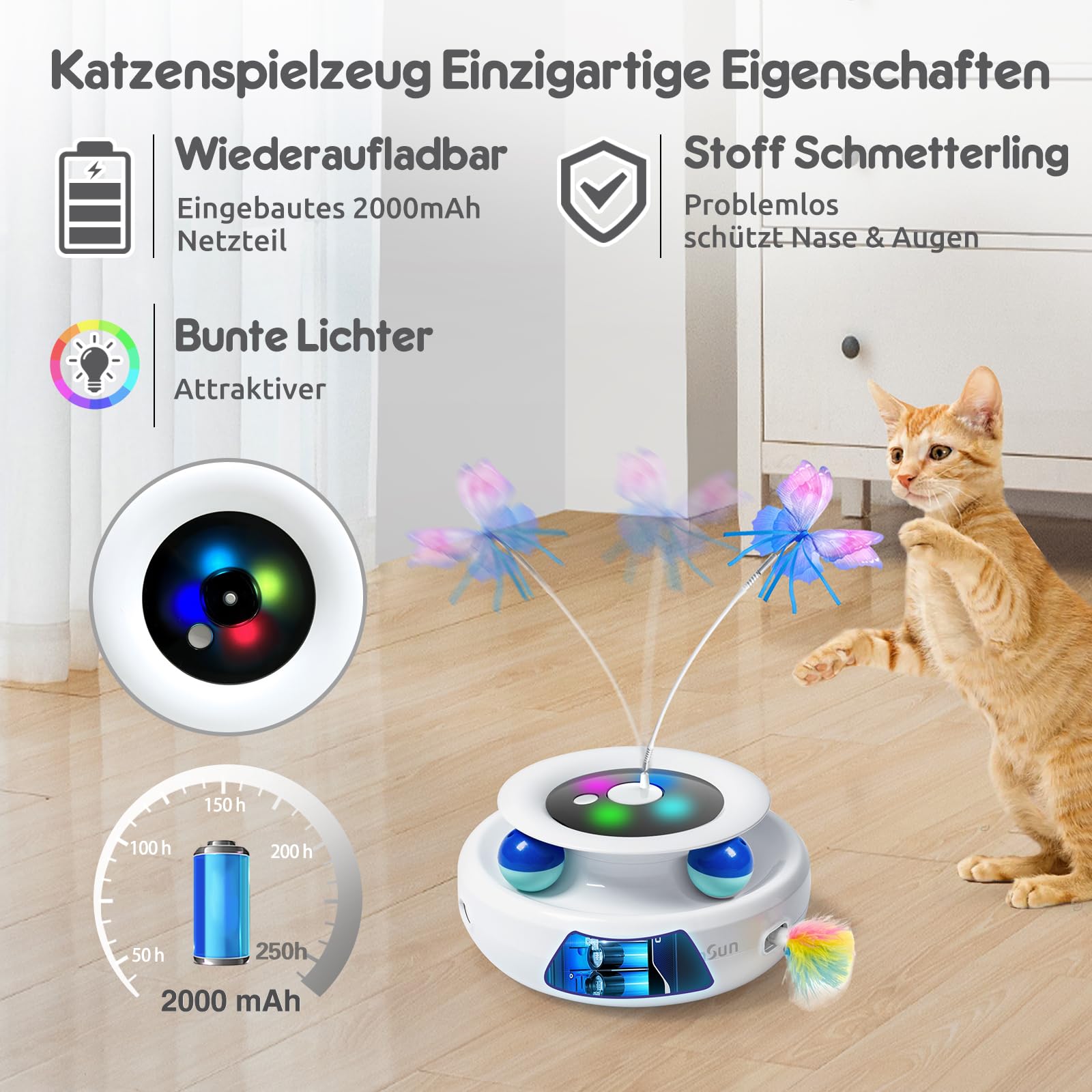 GoldenSun Katzenspielzeug, 3 in 1 Elektrisch Interaktives Automatischer Spielzeug für Katzen, Whack-A-Mole, Fluttering Butterfly, inklusive Ball, USB Wiederaufladbar Katzen Teaser mit 4 Aufsätzen 6