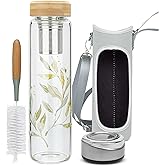 Reeho 32oz Borosilicate Glass Water Bottle with Tea Infuser, Tea Tumbler with Strainer, Reusable Travel Mug with Sleeve & 2 Lids, for Hot or Cold Drinks, Loose Tea, Fruit
