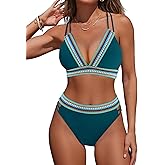 Fanuerg Women's V Neck Bikini Sets Color Block Two Piece Swimsuit Mid Waist Crisscross Back Bathing Suit