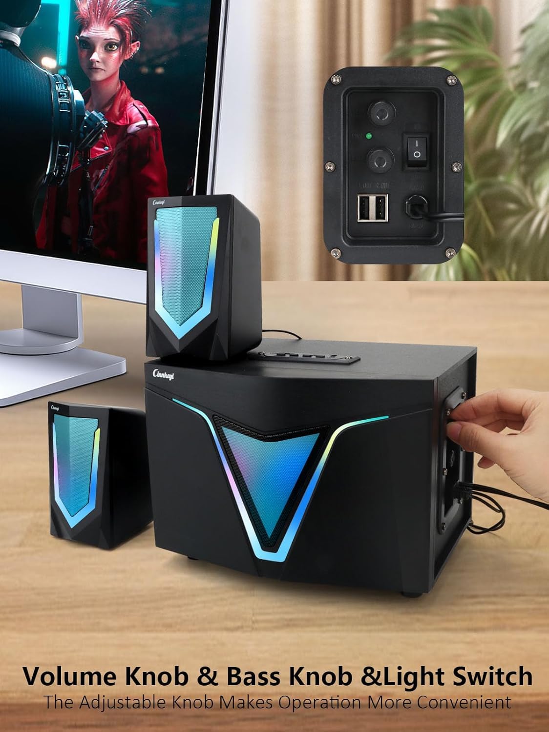 cinnkeyi 2.1 Lautsprecher-System mit Subwoofer Computerlautsprecher mit Subwoofer – PC Lautsprecher 3,5‑mm‑Audioanschluss/Bluetooth‑Eingang, Stereo Sound für PC, Laptop 4
