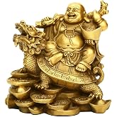 Brass Ruyi Laughing Buddha Dragon Turtle Statue, Feng Shui Decor, 4.5in (H) | Happy Maitreya Figurine, Attract Wealth Good Fortune Health, Home Shelf Office Ornament, Happiness &amp; Prosperity Decor