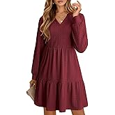 Dokotoo Fall Dresses for Women 2025 Long Sleeve V Neck Textured Casual Lightweight Tiered Ruffle A-Line Mini Babydoll Dress
