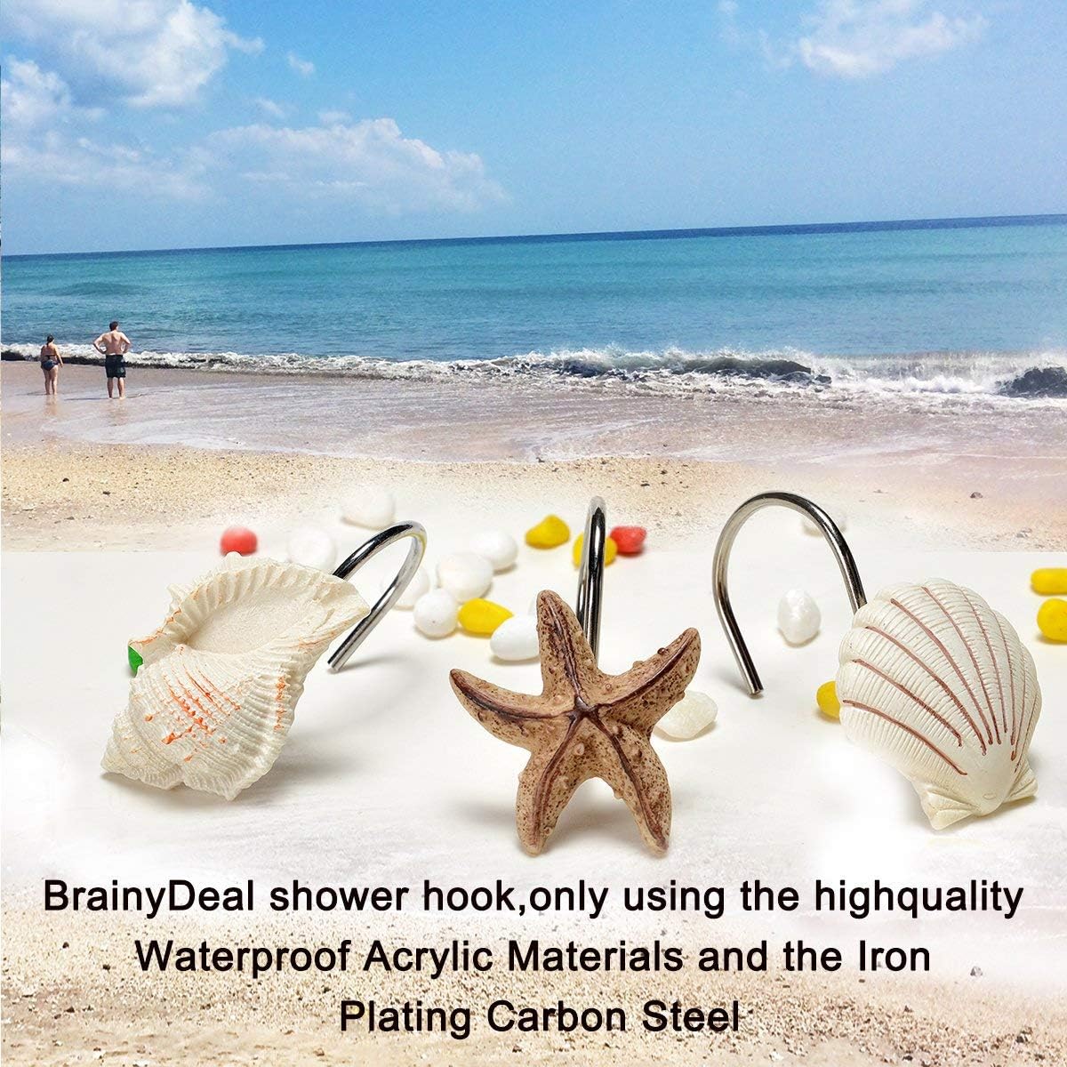 AGPtek 12 PCS Fashion Decorative Home Bathroom Seashell Shower Curtain Hooks (Seashell: Light Brown, Starfish: Tan, Conch: Light Brown): Home & Kitchen
