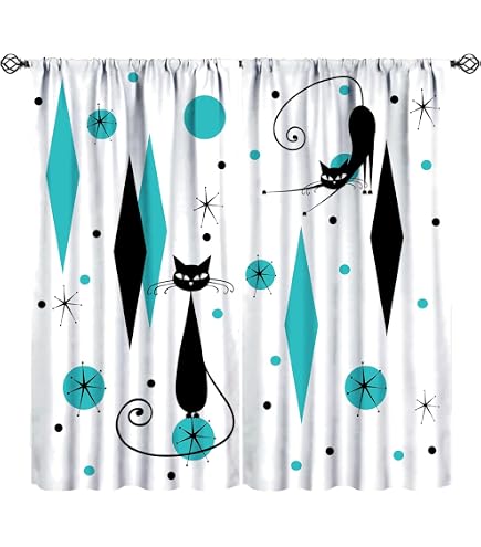Mid-Century Curtain With Atomic Starburst & Cat Print - Retro Abstract Black Grey Window Drapes For Kids Bedroom & Kitchen (52"W X 84"L, Blackout)