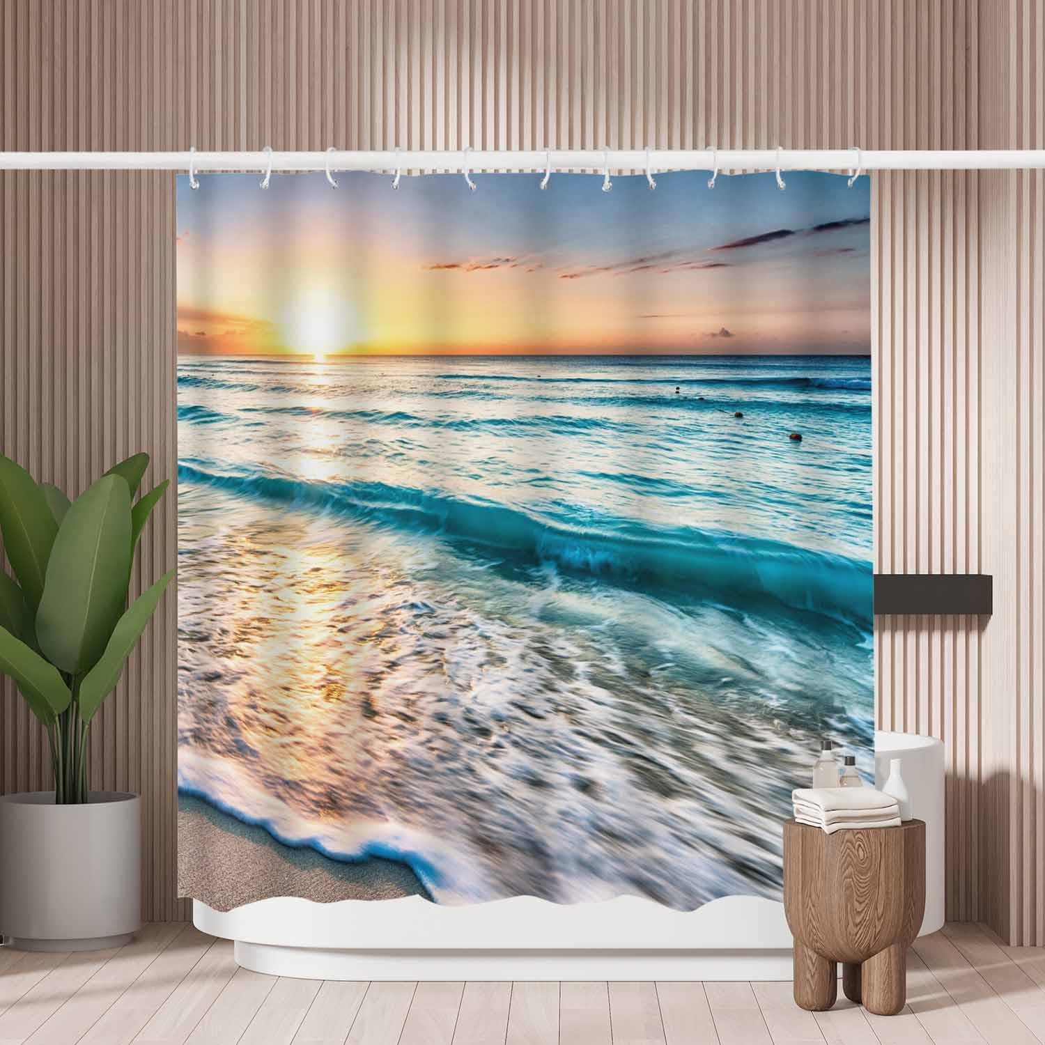Woutay Shower Curtain Water Repellant Fabric Beautiful Sunrise on The Beaches,Mould Proof Resistant,Polyester,Size 180x180CM