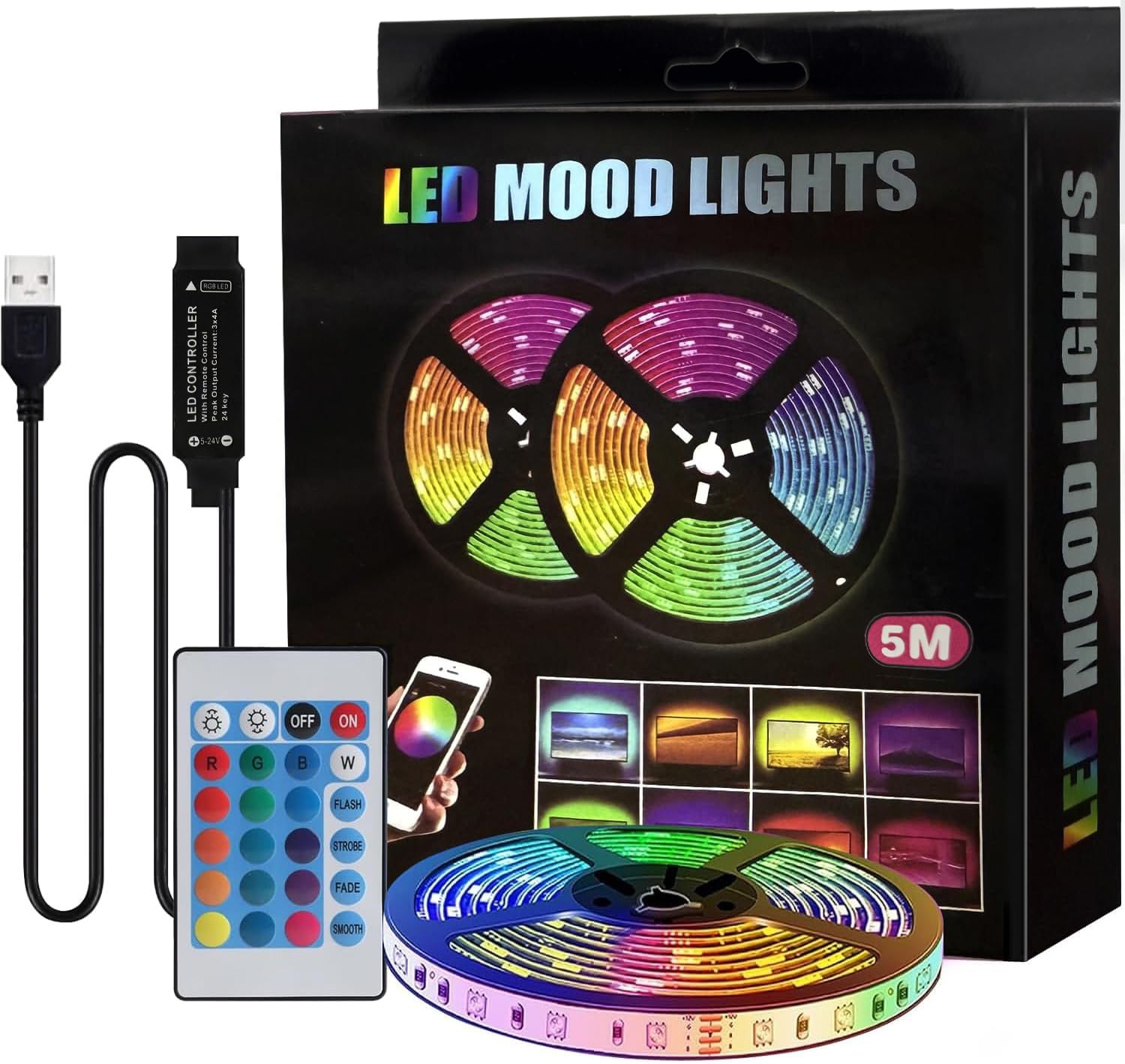 QMINKUN 5M Led Strip Lights,RGB Color Changing Led Strip with Remote Control,LED Strip for Bedroom, Living Room, Kitchen, Party, DIY Home Decoration