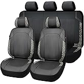 Flying Banner Synthetic Leather car seat Covers Full Set Front and Rear Bench Fashion Easy Installation Cup Holder Free (Black & Leopard Gray Print, Low Bucket - Full Set)