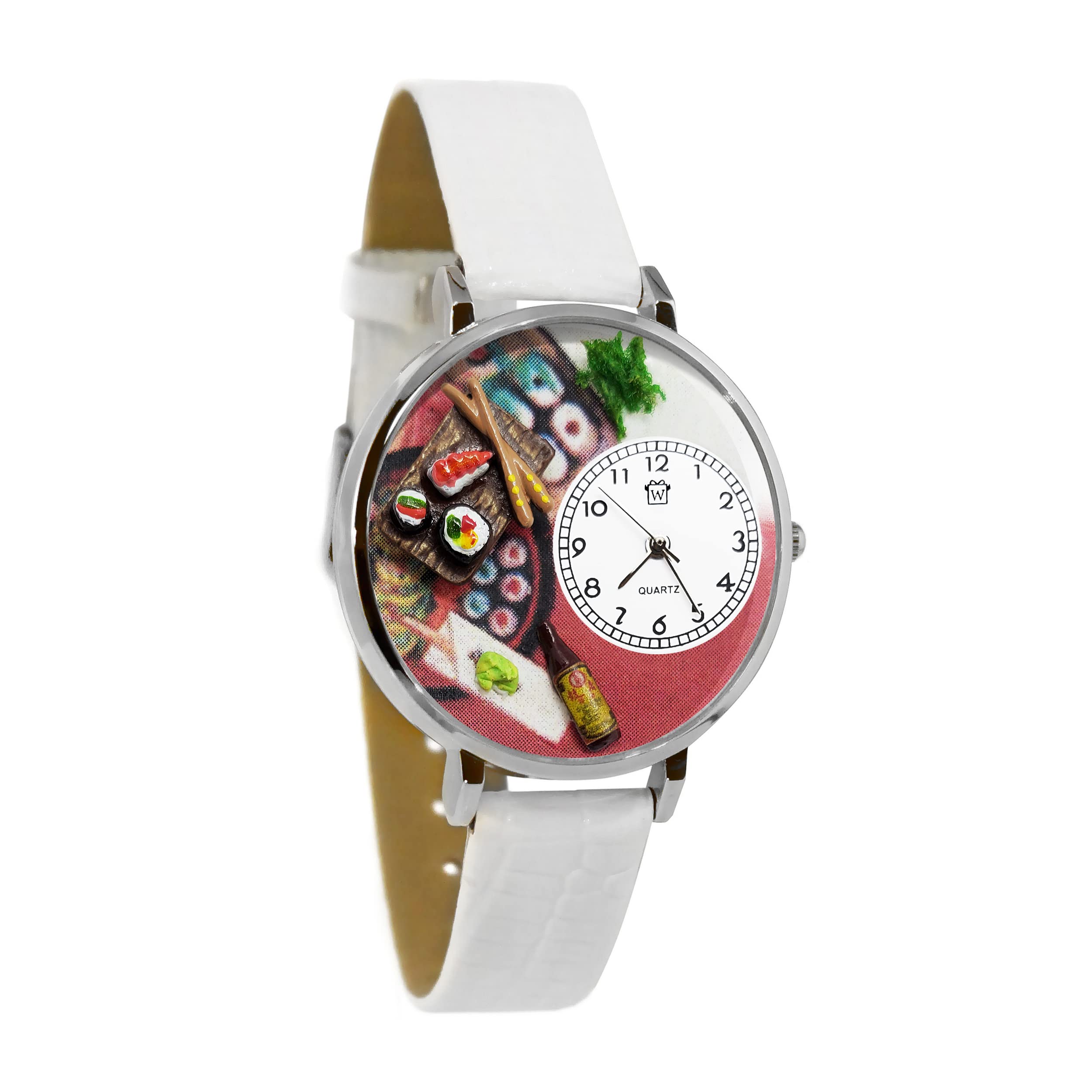 Whimsical Watches Sushi White Leather and Silvertone Unisex Quartz Watch with White Dial Analogue Display and Multicolour Leather Strap U-0310013