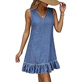 Dokotoo Denim Dress for Women Spring Summer Sleeveless V Neck Ruffle Hem Lightweight Casual A-Line Mini Jean Dresses