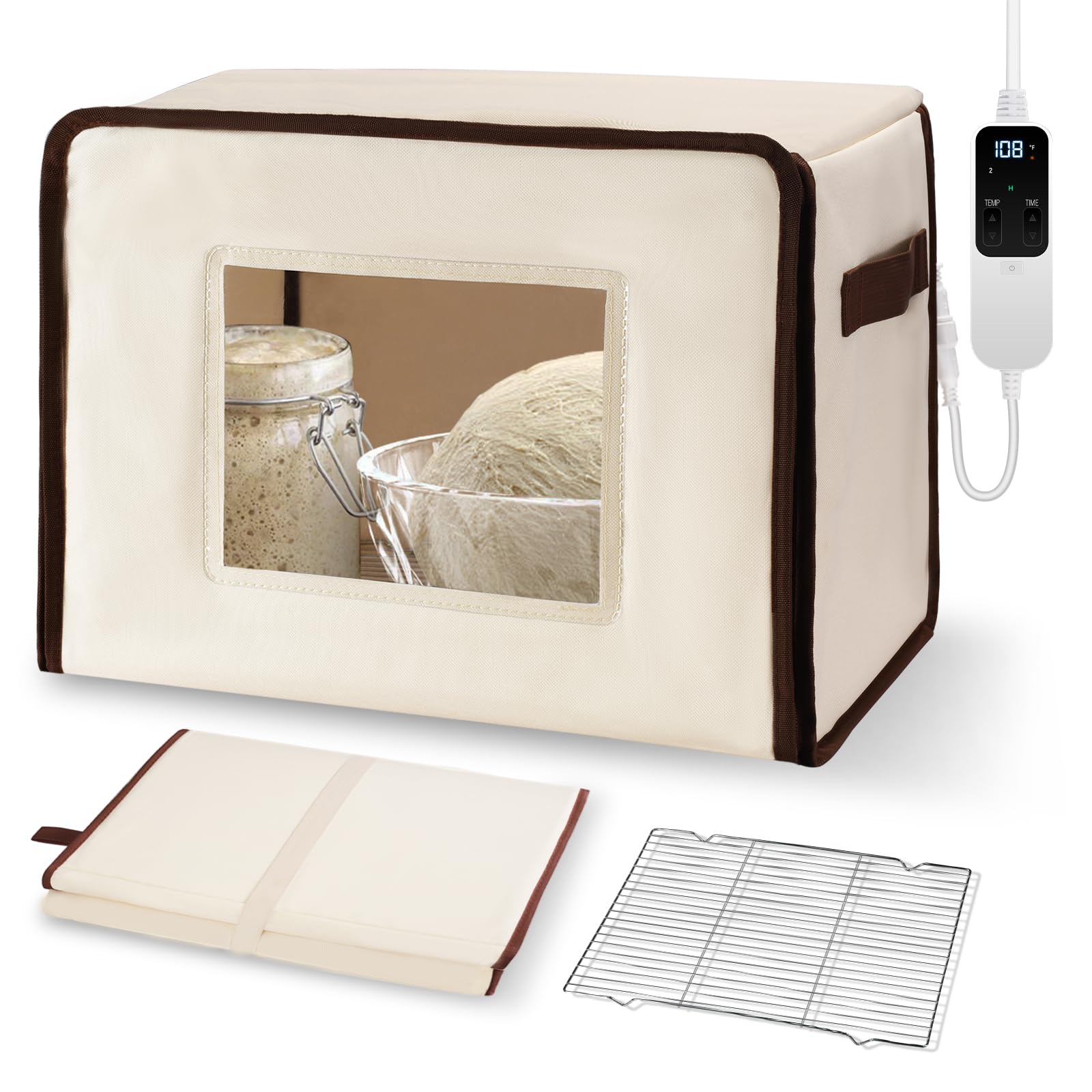 Photo 1 of Folding Bread Proofing Box with 68-115? Temp Control, 2-48H Timer & 3-Sided Heating, Dough Proofing Box with Metal Rack for Sourdough Bread Baking Supplies, Pizza, Yogurt, Kombucha (Beige)