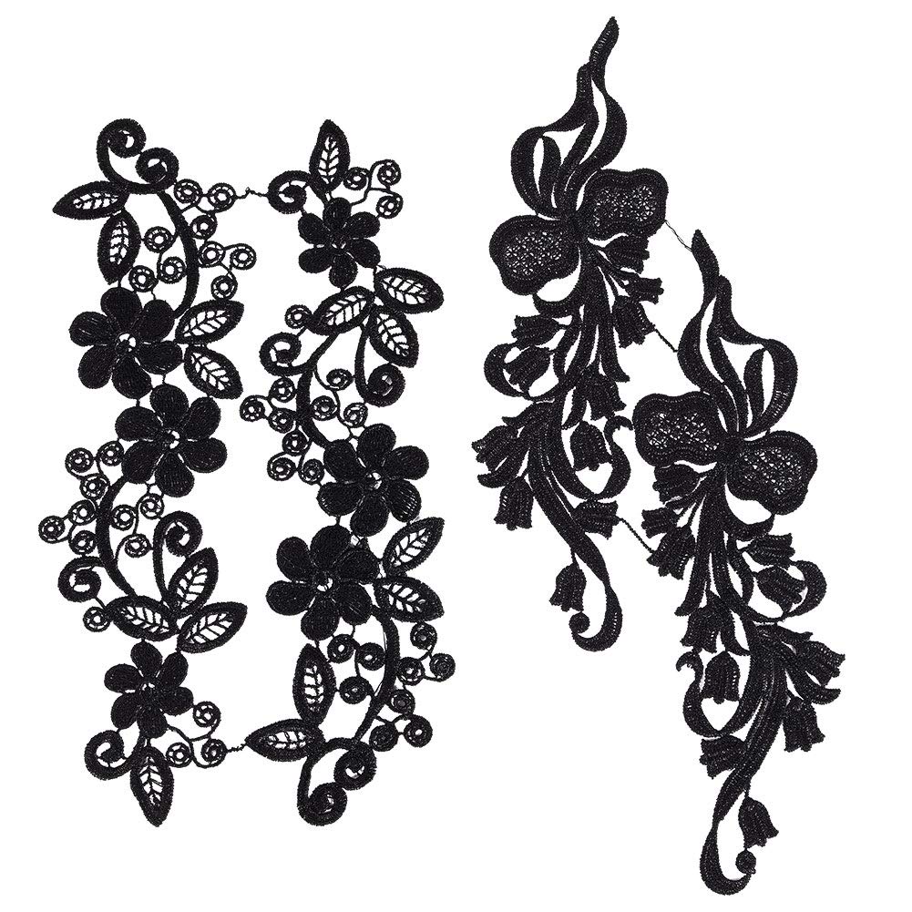 GORGECRAFT 2 Pairs Lace Applique Flower Embroidery Patch Black Lace Trims Collars for DIY Decorated Craft Sewing Costume(11x2.7~3in)