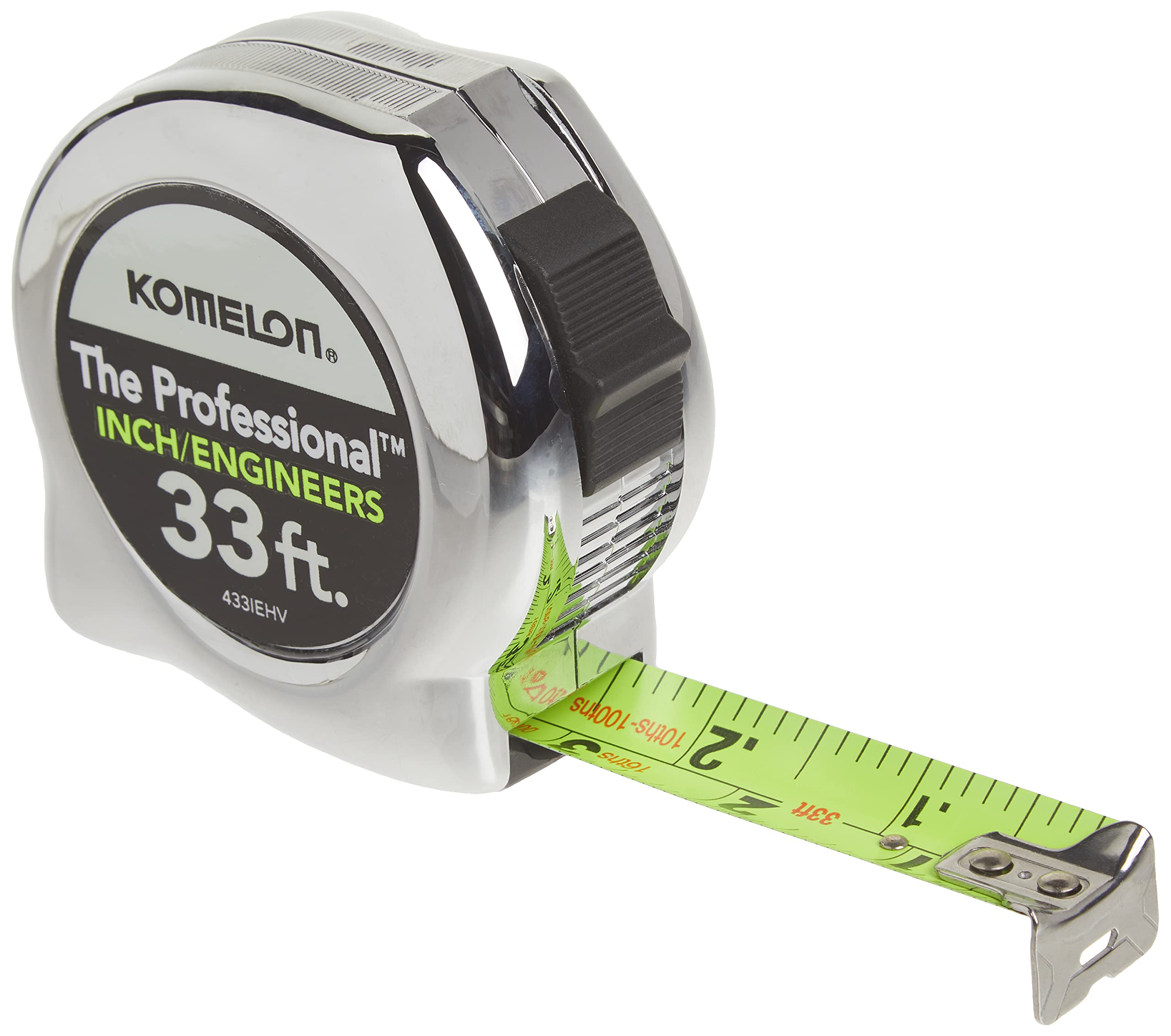 Komelon 433IEHV High-Visibility Professional Tape Measure Both Inch and Engineer Scale Printed 33-feet by 1-Inch, Chrome