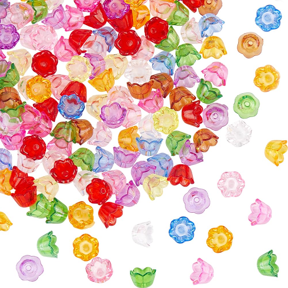 SOFPLATE 600Pcs Acrylic Flower Bead Caps Transparent Flower Beads Bulk Colorful Bell Tulip Flowers Lily Floral Spacer Loose Bead End Caps for jewellery Making Earrings Bracelets Women Adult DIY Crafts
