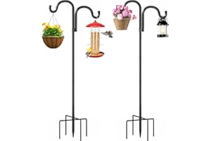 Surprizo Double Shepherds Hooks for Outdoor,76"" Heavy Duty Bird Feeder Pole with 5 Prong Base, Adjustable Shepherds Hook for Bird feeders Outside, Garden, Weddings, Hanging Plants, 2 Pack, Black