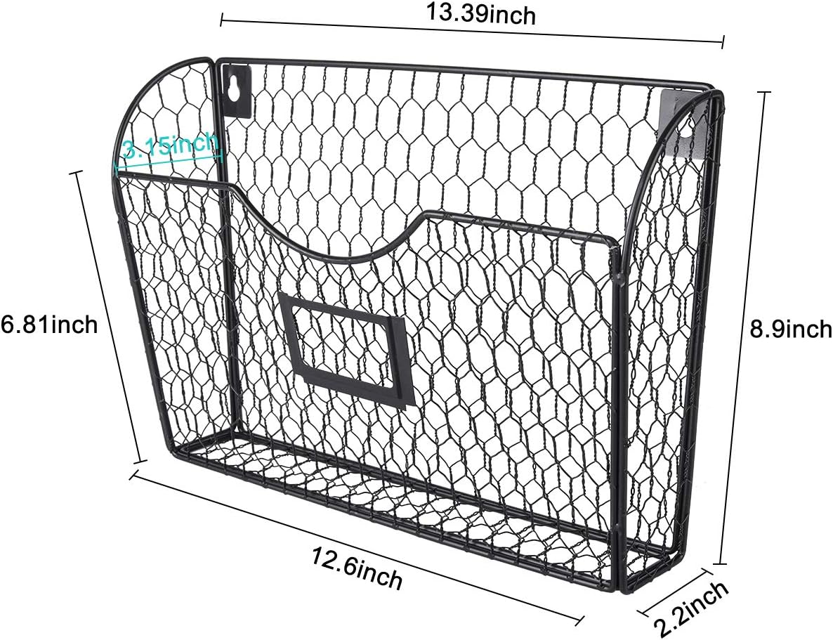 EasyPAG 3 Pockets Hanging File Organizer, Folder and Mail Holder for Wall, Metal Chicken Wire Baskets with Tag Slot, Black : Office Products