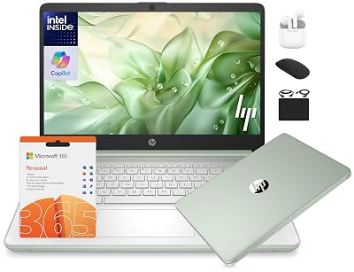 HP 14 Laptop Student Business 2025 Flagship Computer, AI Copilot, 4-Core 13th Gen Intel CPU, 16GB RAM 628GB Storage (128GB UFS+ 500GB Ext), 1-Yr Office 365, Long Battery HubxcelAccessory Win 11S Green