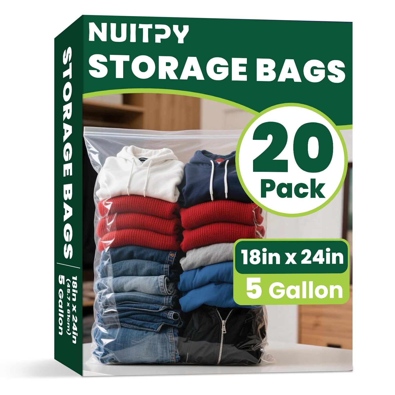 Photo 1 of 20 Pack Large 5 Gallon Storage Bags with Zipper Top, 18 x 24 inch Zipper Bags, Clear Plastic Bag for Storage, Reusable, Sealable Storage Bag for Clothes, Travel & Moving, Double-sided Thickness 4 Mil