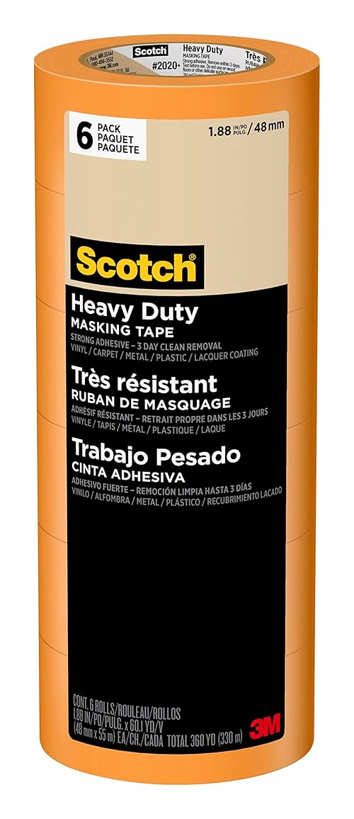 Scotch Heavy Duty Painter's Tape, 6 Rolls, 1.88 in x 60.1 yd, for Use On Vinyl, Carpet, Metal, & Plastic, Indoor & Outdoor Masking Tape, Bonds Aggressively, 3-Day Clean Removal (2020+-48EP6)