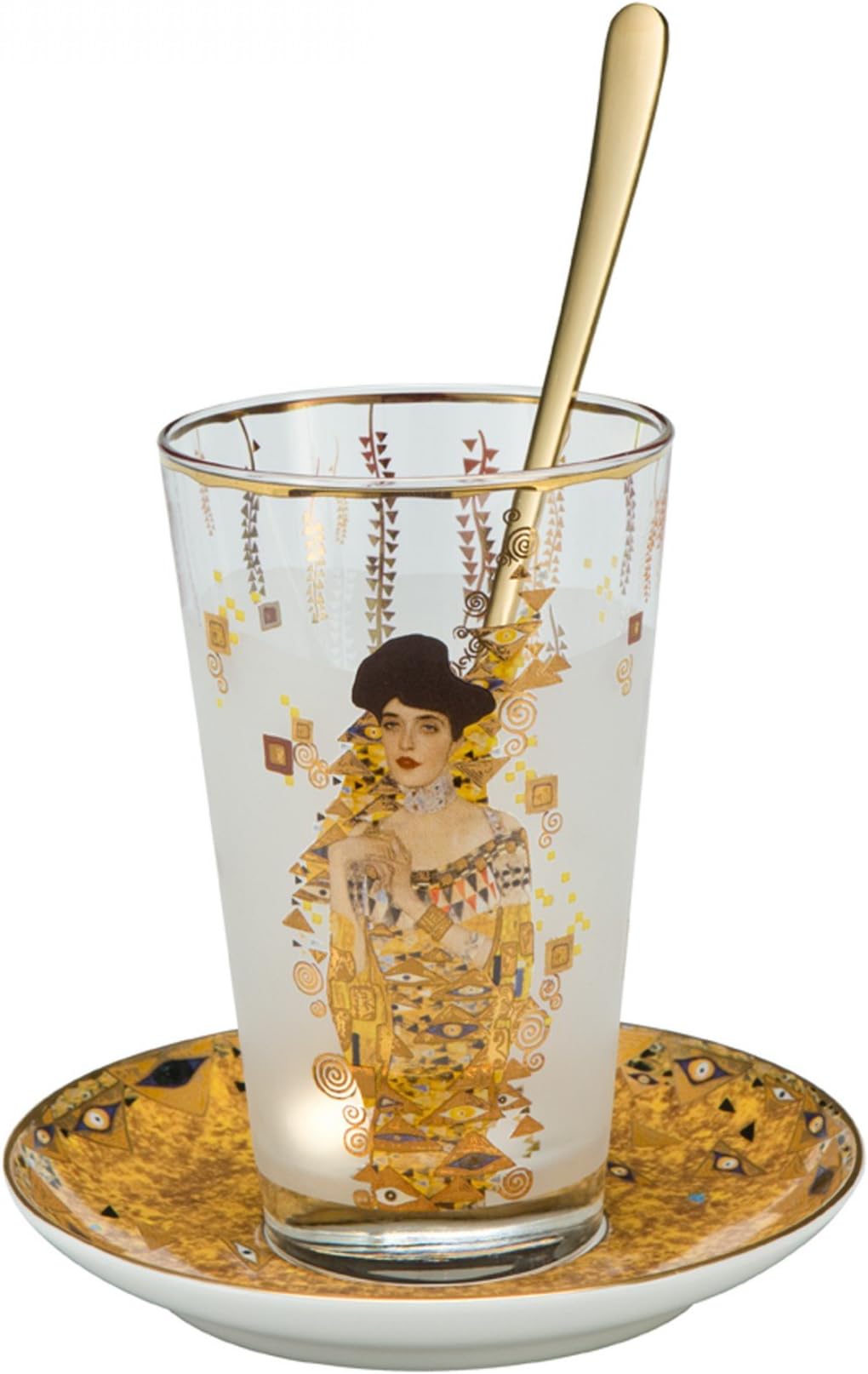 Goebel - Glass Latte Macchiato with Gold Leaf Decoration - Certified Gustav Klimt Design : Portrait of Adele Bloch-Bauer (1907) - 3.2 x 5.51 Inches - Made in Germany